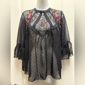 Rebellion Black Sheer Blouse with Floral Embroidery Bohemian Size Small
